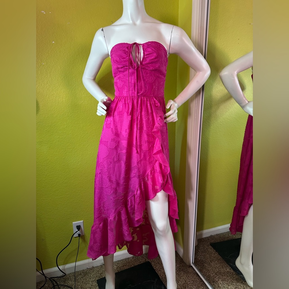 Next/Up Hot Pink Ruffly Strapless Maxi Dress with Middle Tie